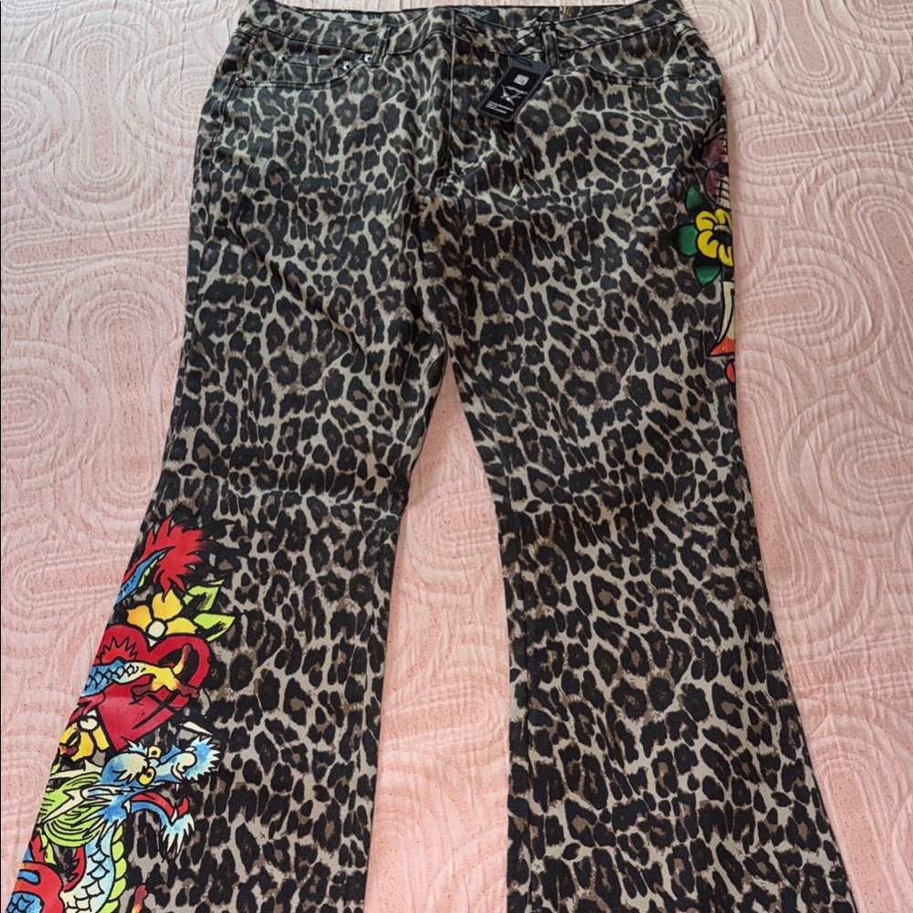 Ed Hardy Leopard Print Boot Cut Jeans with Colorful Tattoo Graphics